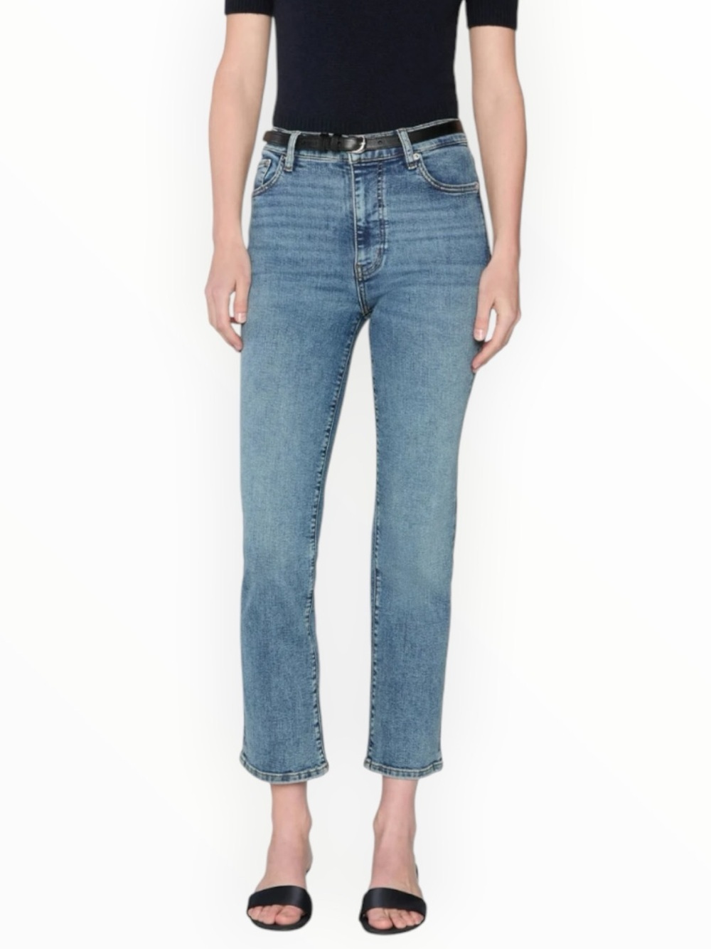 FRAME Le Sleek Straight Denim Jeans Ankle Cropped High-Rise Light Blue 32 Crop